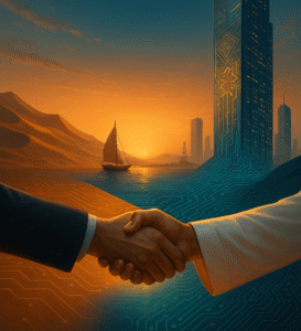Ilustrasi dialog peradaban Islam dan Barat di persimpangan dunia yang terus berubah